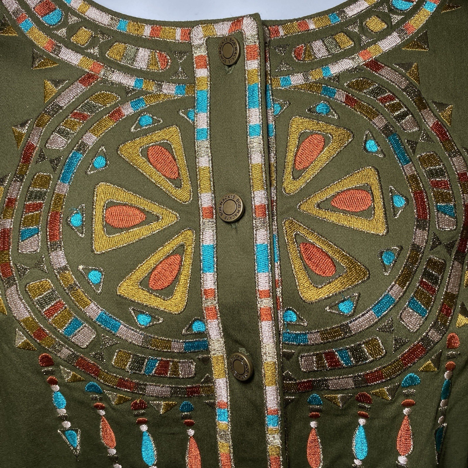 Bob Mackie Wearable Art Embroidered Southwestern Aztec Cotton Green Top 2X