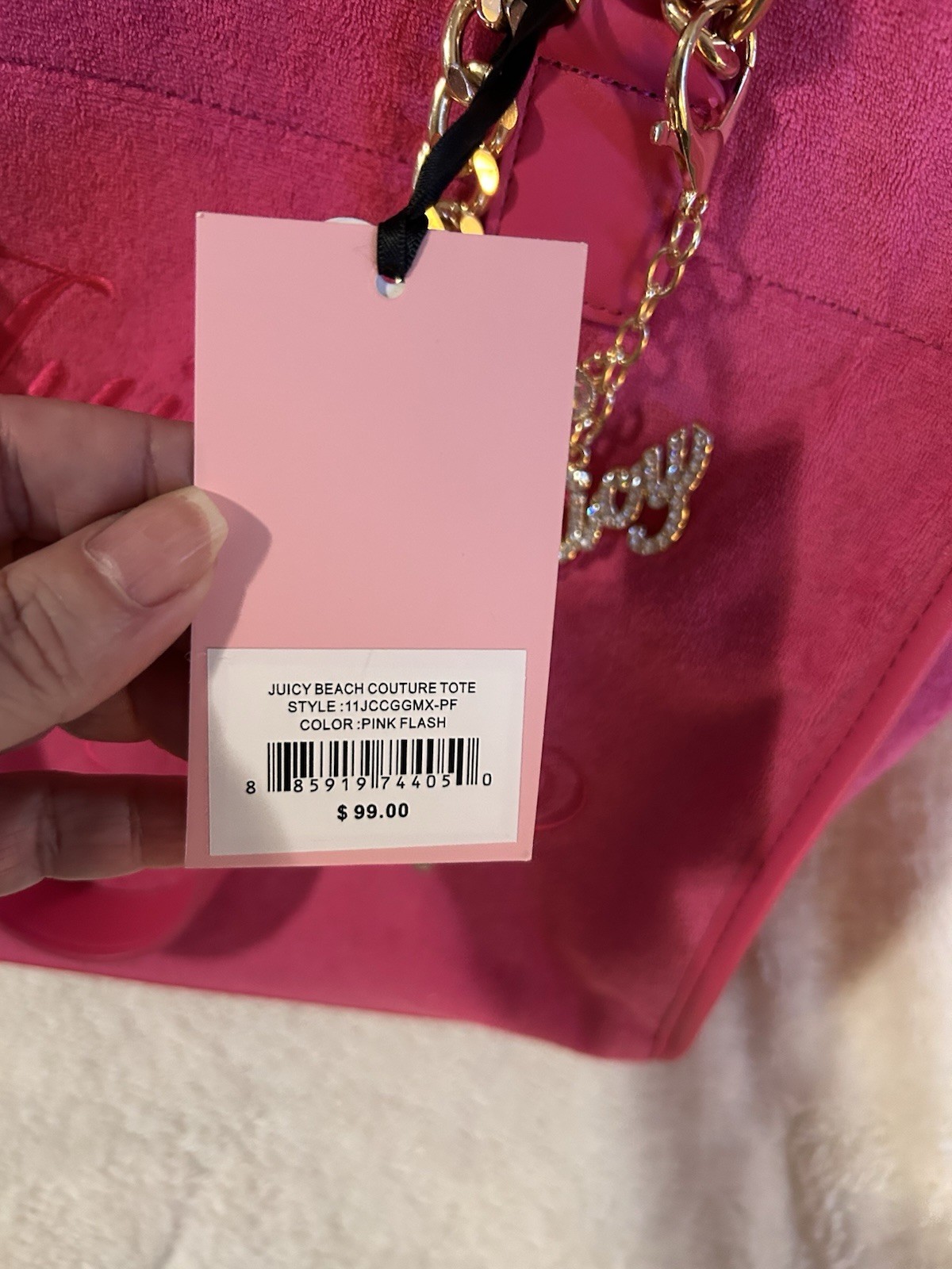 Juicy Couture Large Pink Logo Tote Zip Top Gold Chain Straps Rhinestone Charm