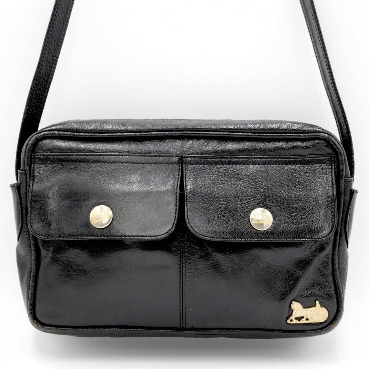 CELINE Vintage Horse Carriage Black Leather Shoulder Bag Gold Hardware Auth