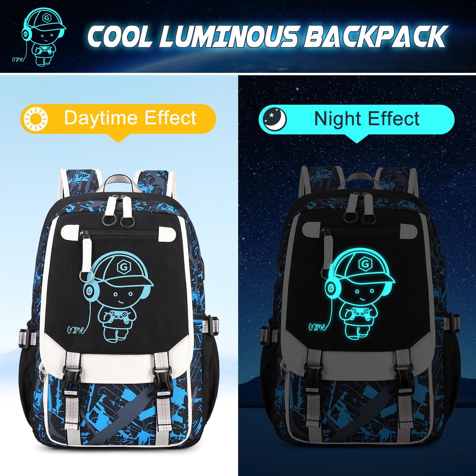Backpack Boys Cool Luminous Lunch Box Pen Case USB Charging Port Music