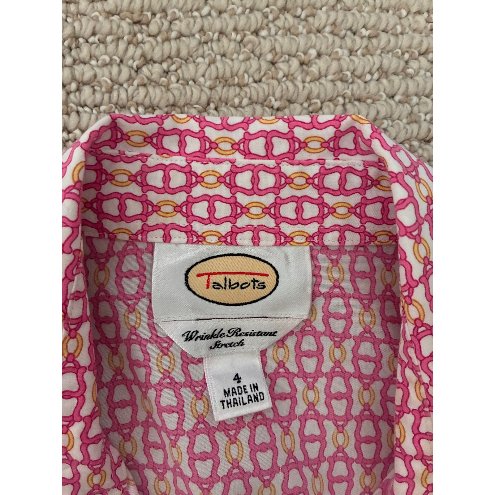 Talbots Wrinkle Resistant Stretch Pink Chain Link Print Button Down Shirt 4
