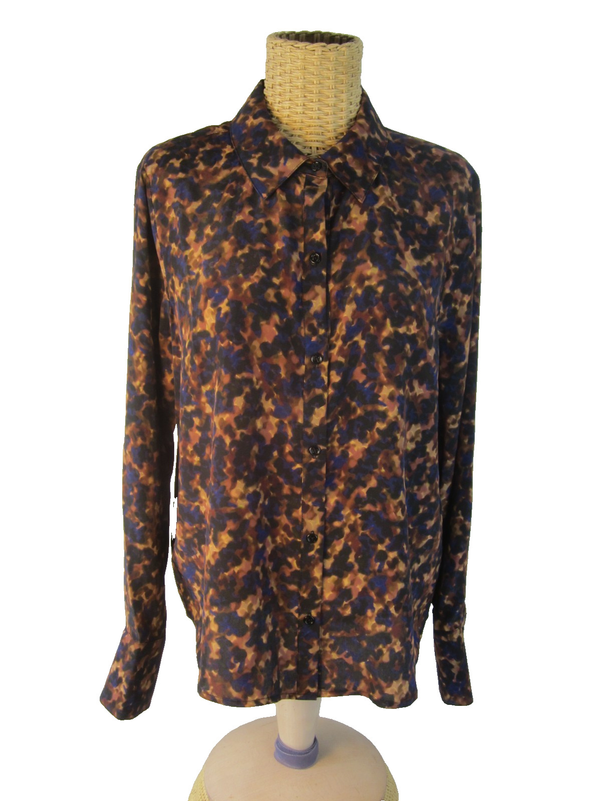 Ecru Women Medium Brown Blue Tan Leopard Print Silk Blend Blouse Shirt Top