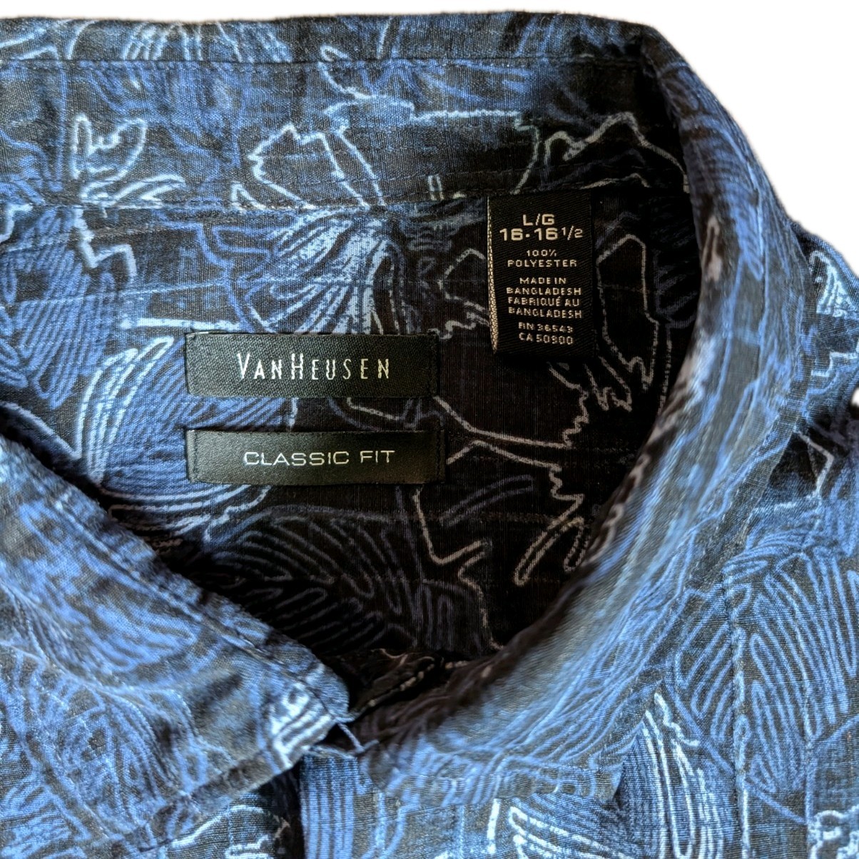 Van Heusen Shirt Mens Large Navy Blue Hawaiian Aloha Casual Vacation Shirt 16.5