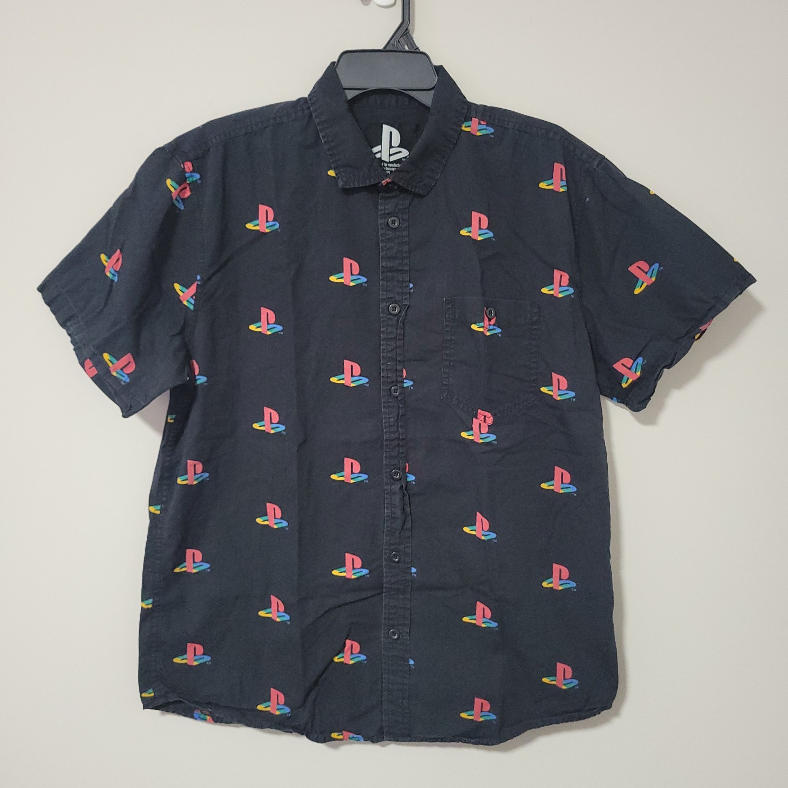 Sony Playstation Logo All Over Print Button Up Shirt Men XL Black Short Sleeve