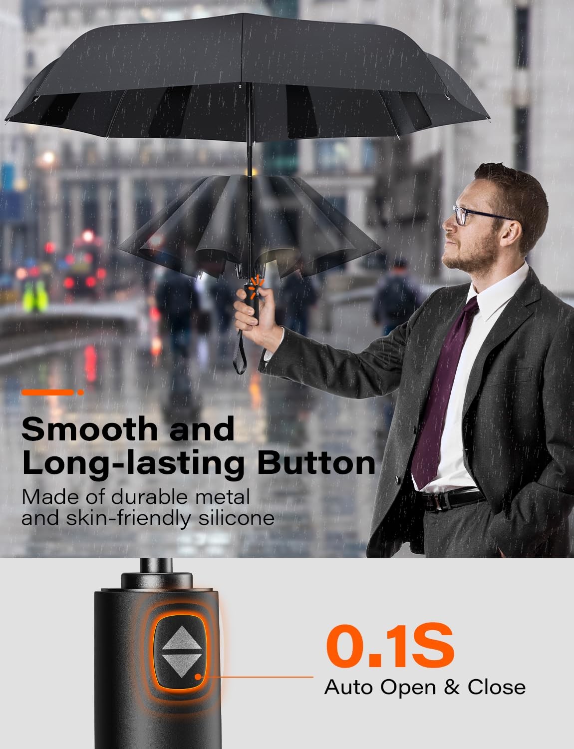 Auto-Tidy Travel Umbrella, Auto Open Close Compact Umbrella for Rain, BIACK
