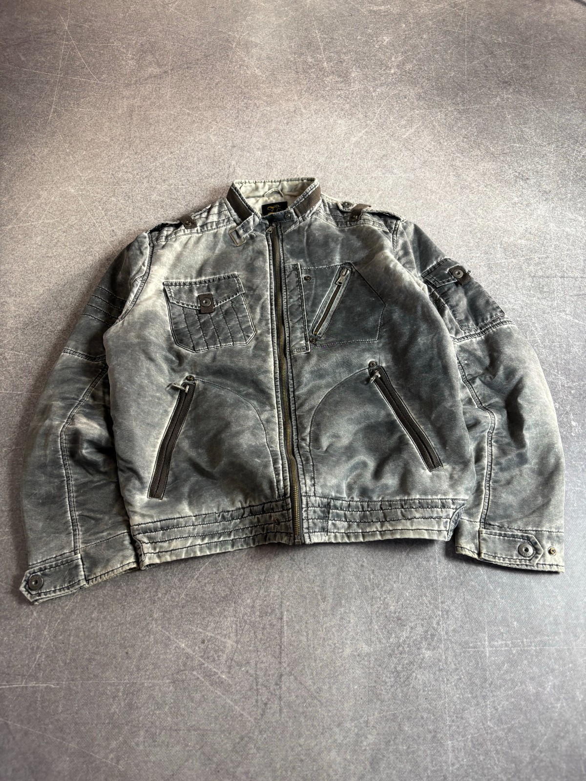 Avant Garde Japanese 2000s Washed Distressed ZIpper Nylon Bomber Jacket Boxy Fit