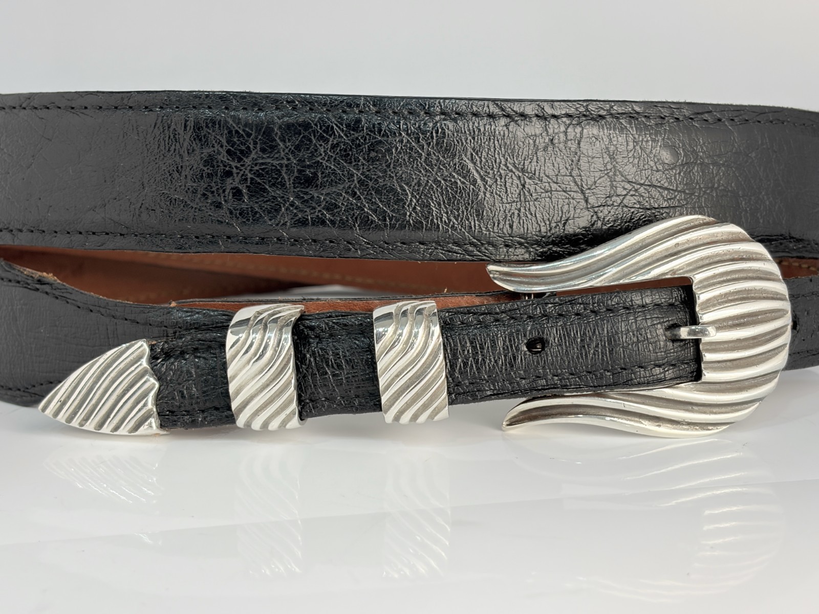 Chacon Sterling Silver .925 Ranger Belt Buckle 39-40 Genuine Ostrich Santa Fe