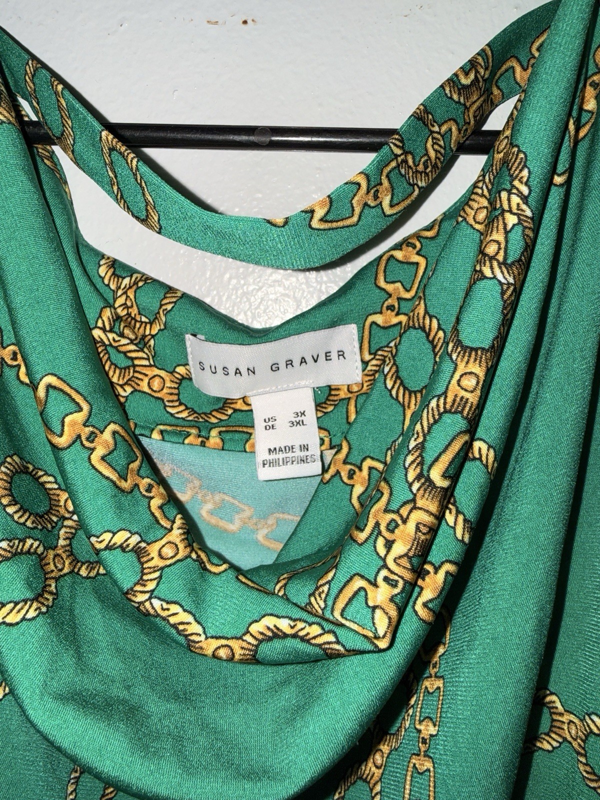 Susan Graver Green Blouse W/Gold Chain Print Cowl Neck 3X NWOT