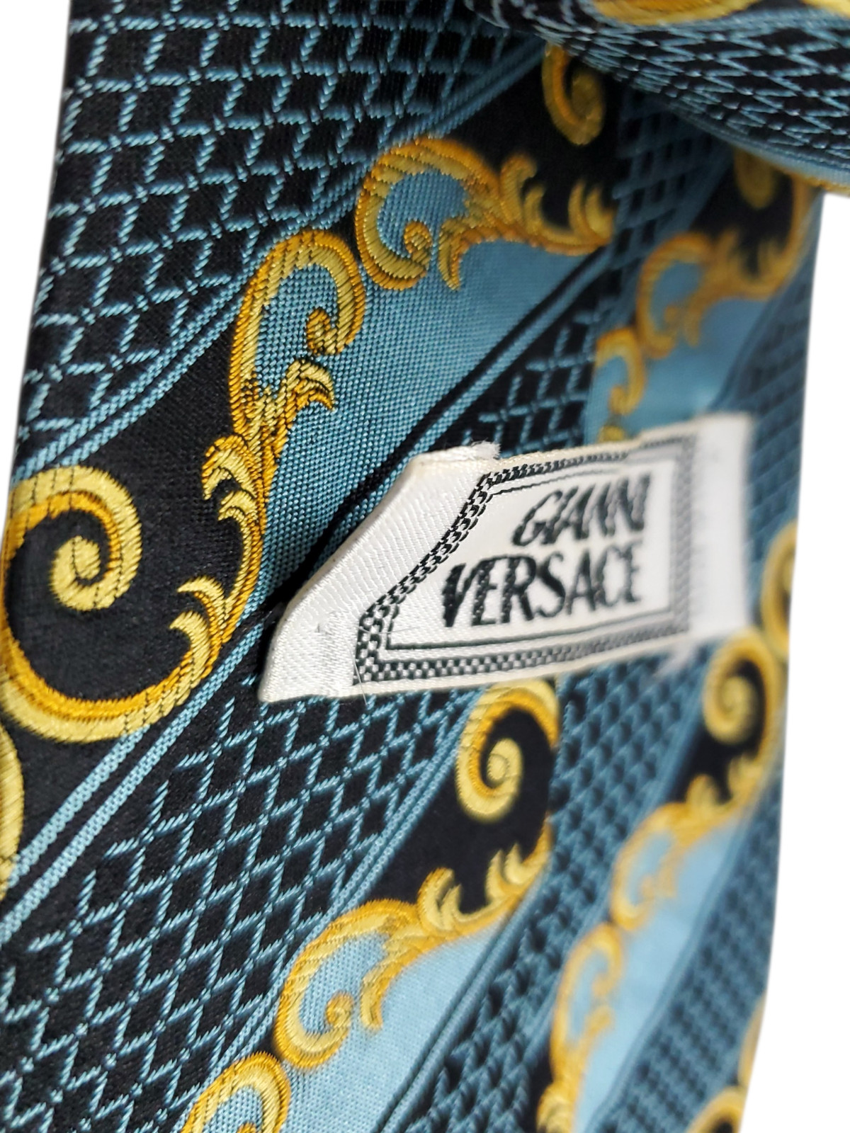 Gianni Versace Vintage made in ITALY 100% Silk Tie Mens Teal Blue Black Gold NEW