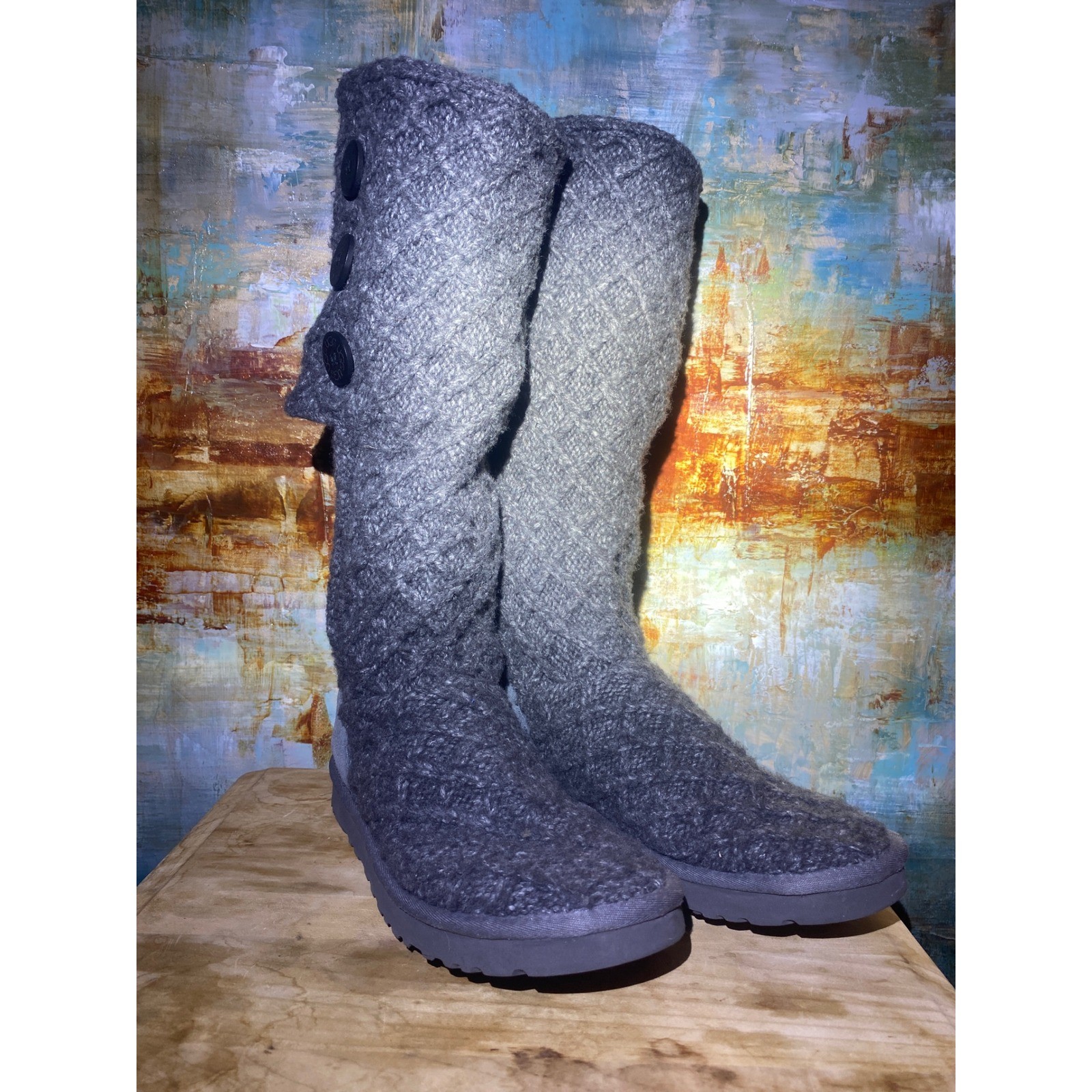 UGG Australia Lattice Cardy 3066 Charcoal Grey Knit Tall Button Boots Womens 10