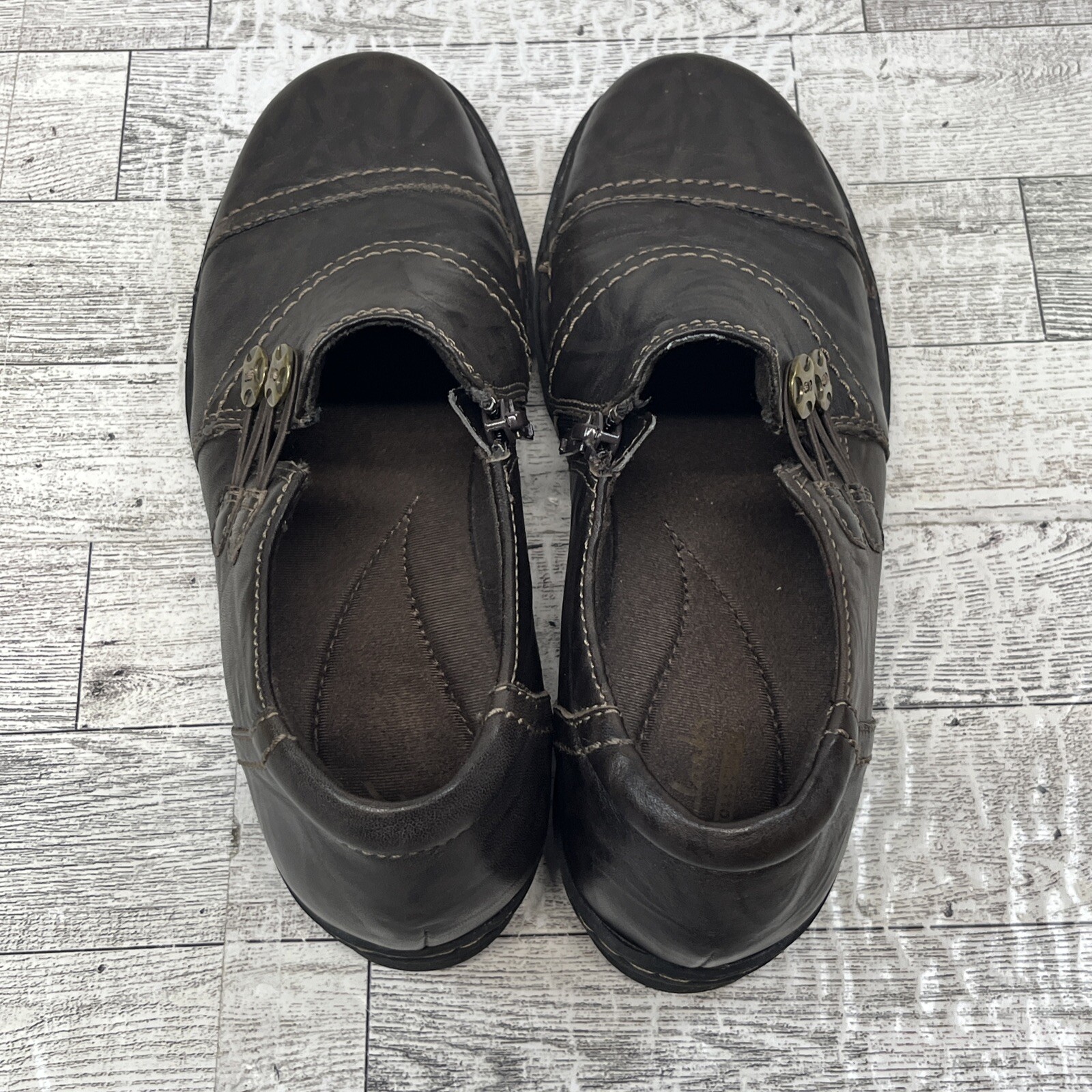Clarks Collection Shoes Women’s 7M Casual Slip On Loafers Brown Leather Side Zip