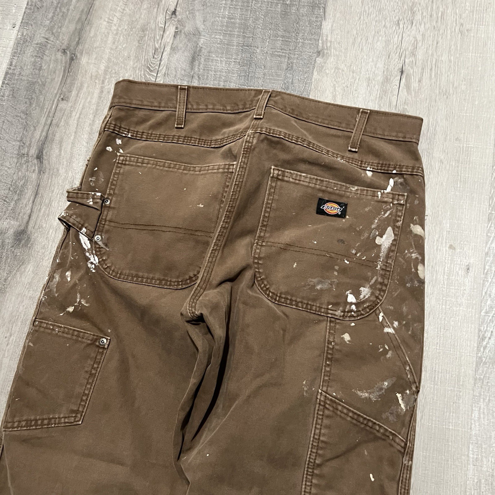 Dickies Paint Splatter Canvas Carpenter Work Pants Brown Skater Distressed Sz 34