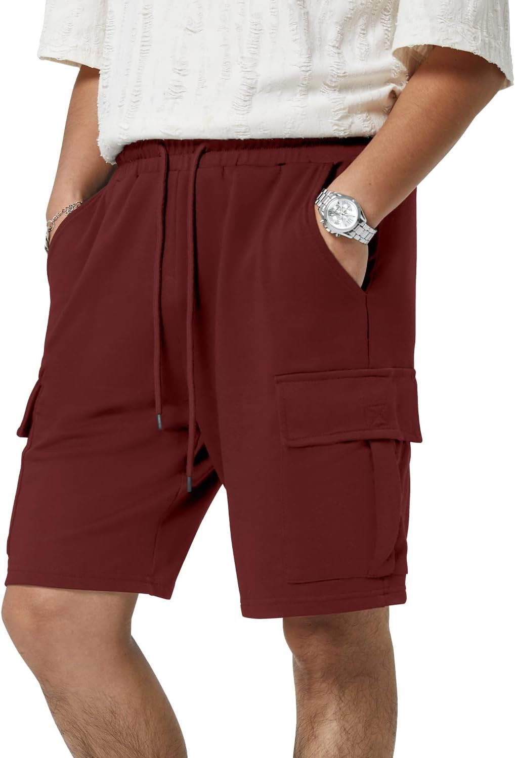 Mens 5 Pocket Athletic Cotton Shorts Drawstring Elastic Waist Workout Gym Cargo