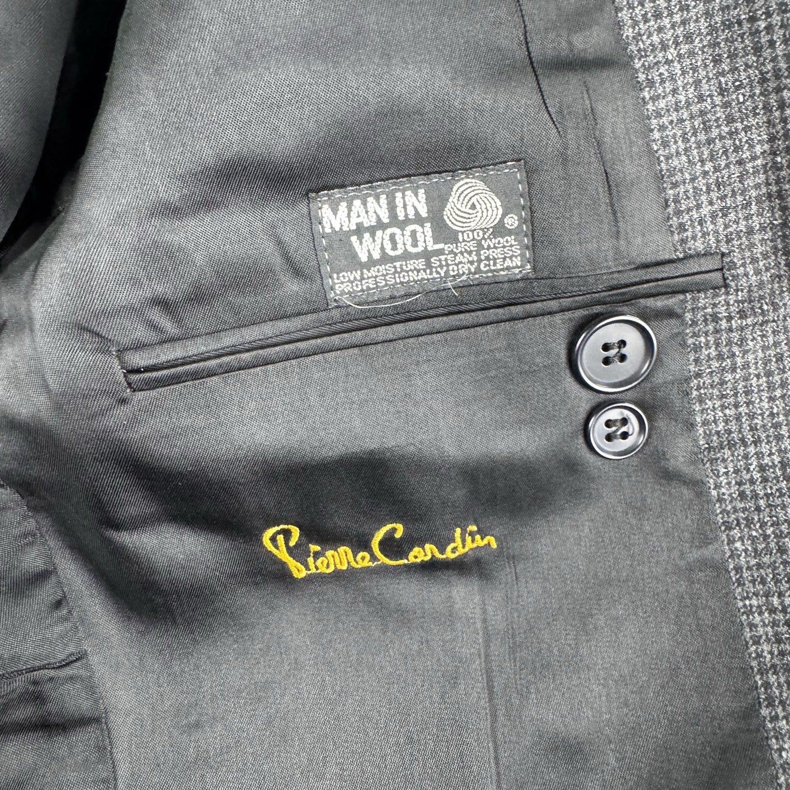 Vintage Pierre Cardin Suit 40 Gray Wool Nailhead Double Breasted Pleated 28×30