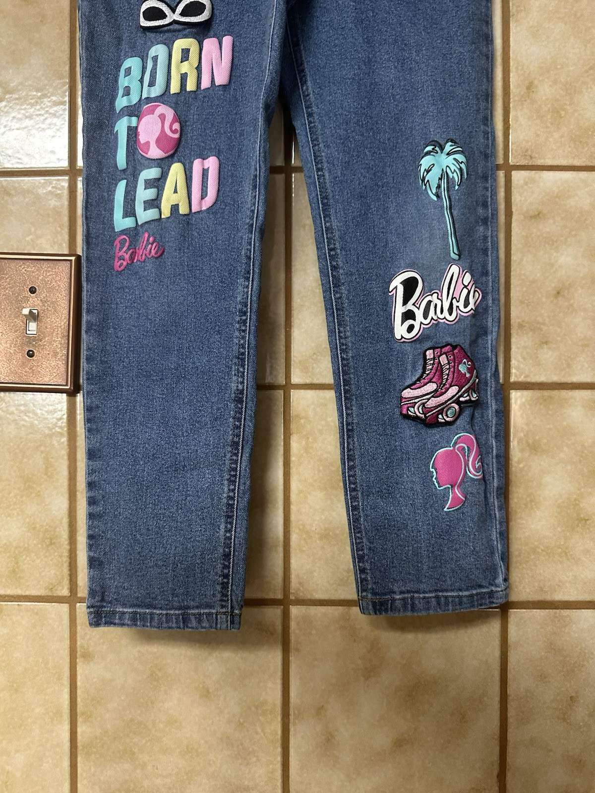 Barbie Big Girls Denim Jeans Size 12 Embellished Decal Patches Schoolcore Play