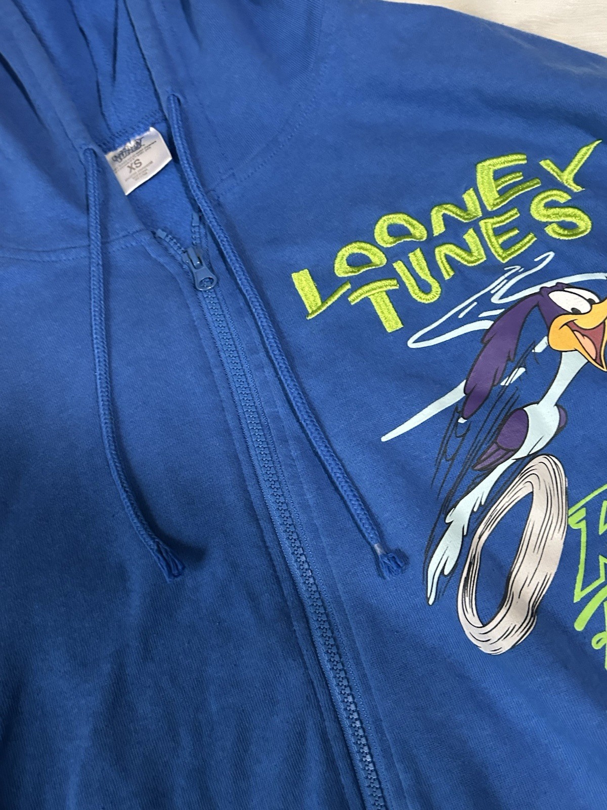 Looney Tunes Road Runner Wile E. Coyote Zip Up Jacket Sz XS Graphic Y2K Vtg Blue