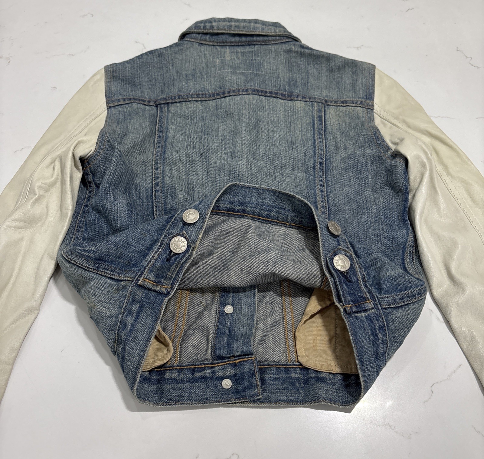 RAG & BONE Women’s Light Blue Denim Jacket With Cream Leather Sleeves Size XS