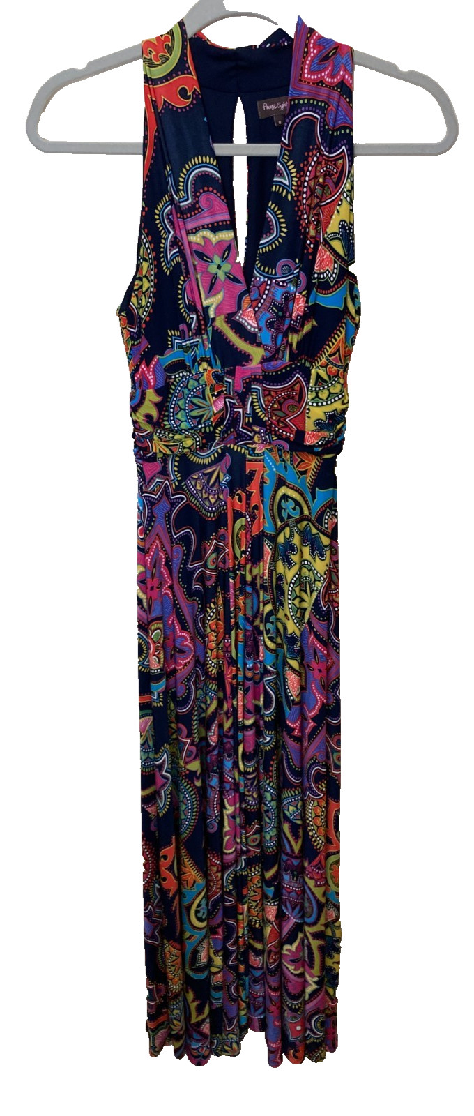Phase Eight Maxi Dress 8 Navy Blue Multicolor Paisley Halter Neck Ruched V Neck