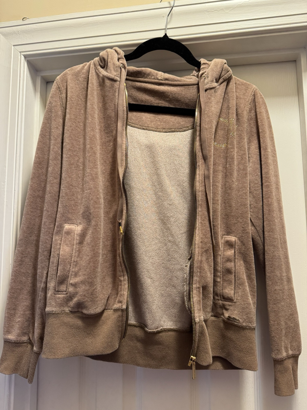 Calvin Klein Womens Velour Hoodie M Brown Rhinestone Logo Zip Up Jacket Soft