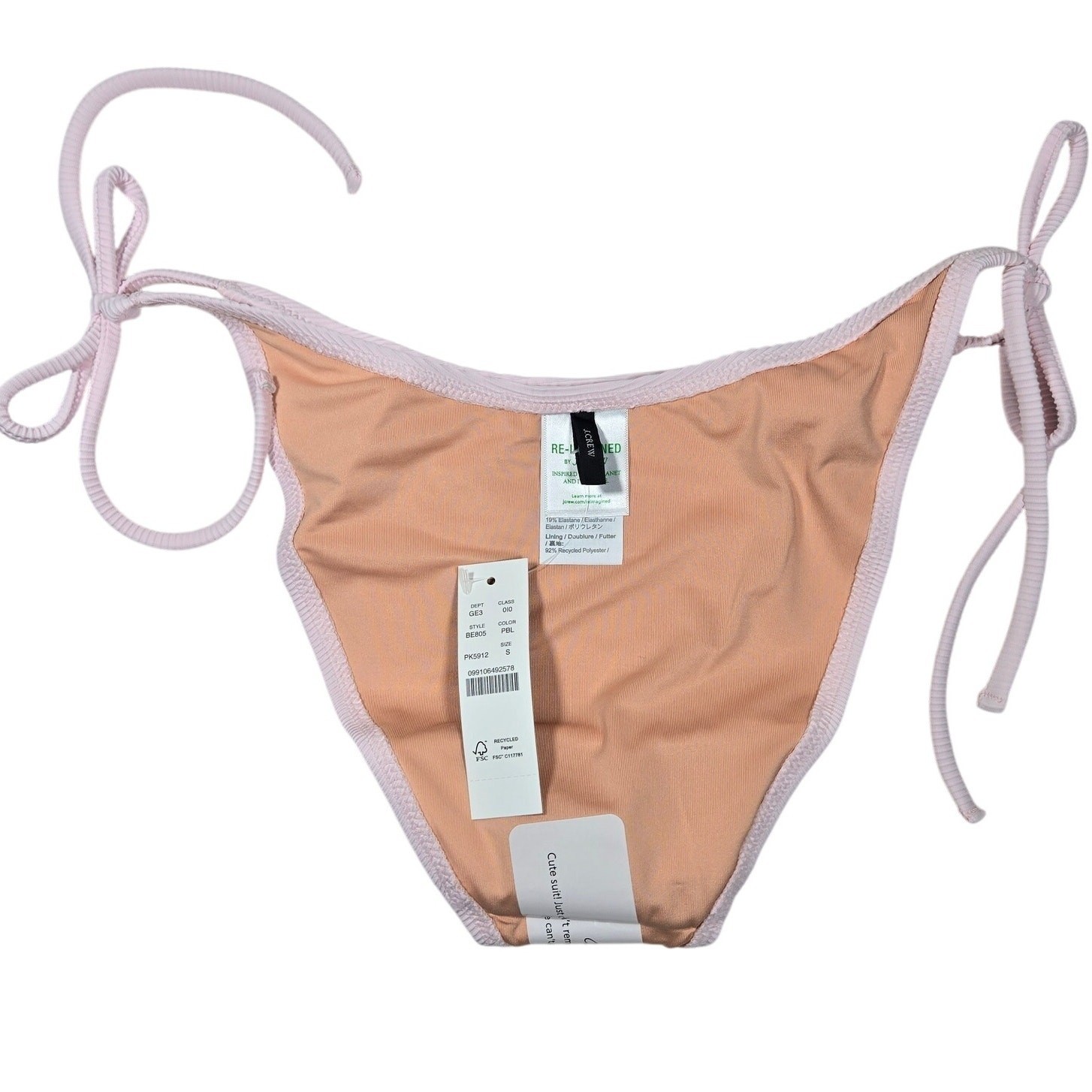 J. Crew Ribbed curved-waist cheeky string bikini bottom in Pale Blossom S NWT