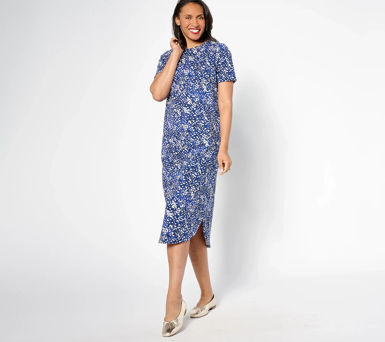 Sport Savvy French Terry Printed Midi T-Shirt Dress Blue Abstract Large Casual