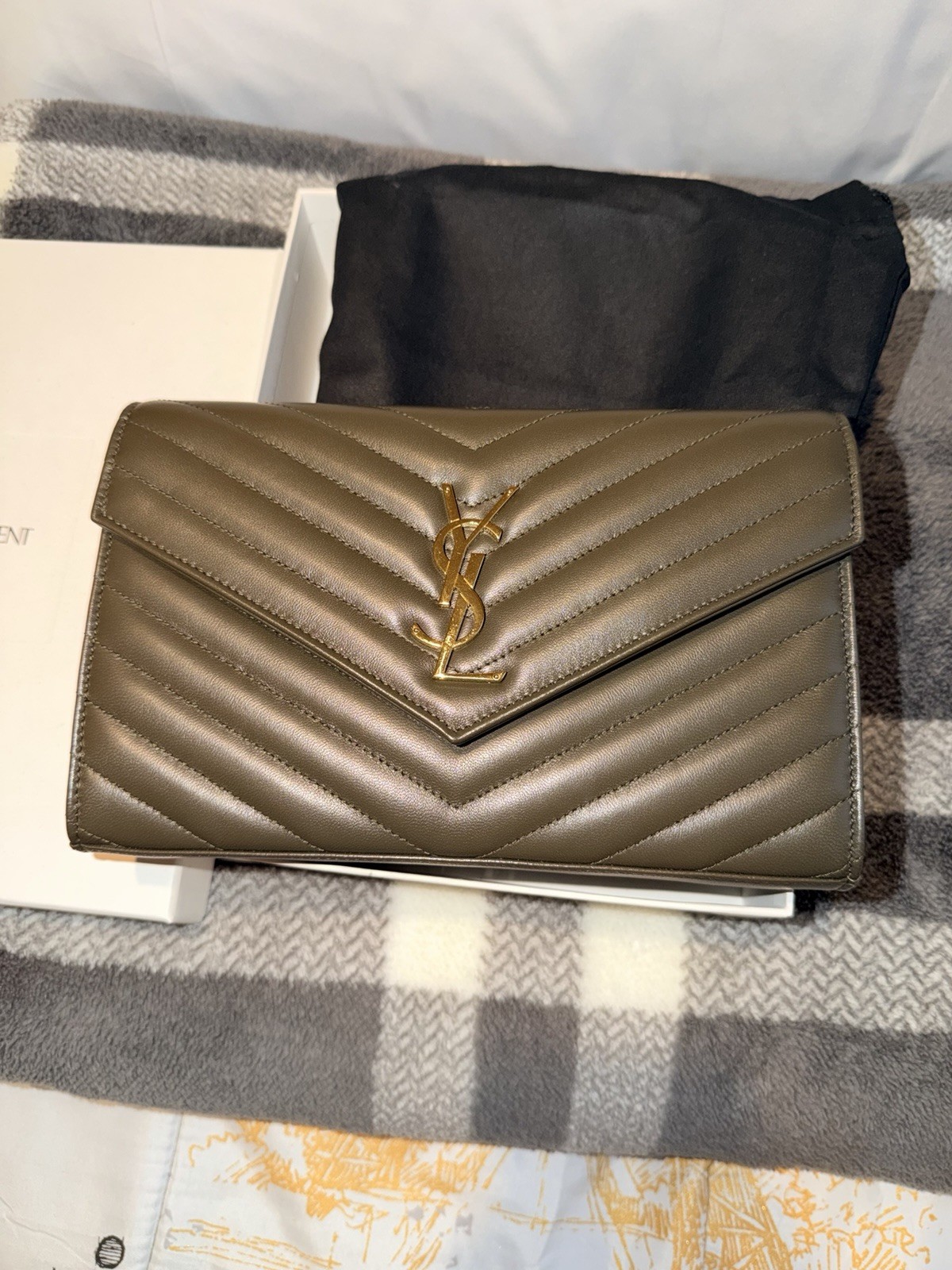 YSL Monogram Envelope Chevron Quilted Chain Wallet Crossbody Dark Green