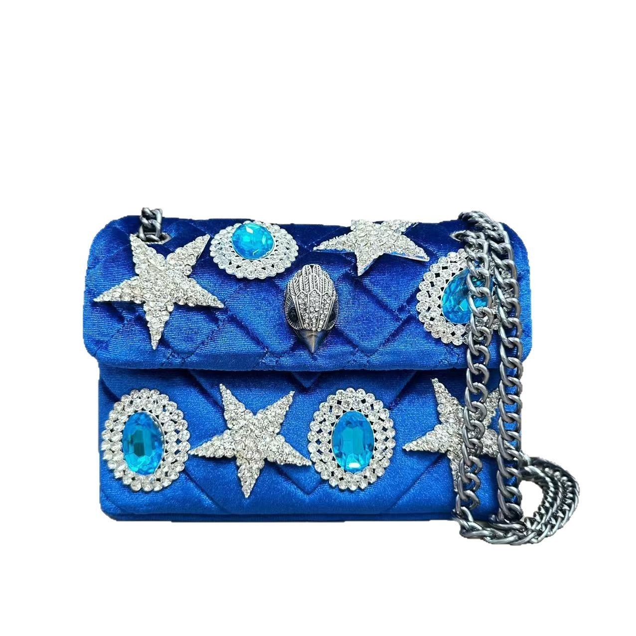 Kurt Geiger London Cobalt Velvet Quilted Crossbody Silver Eagle Star 20×8×15 cm