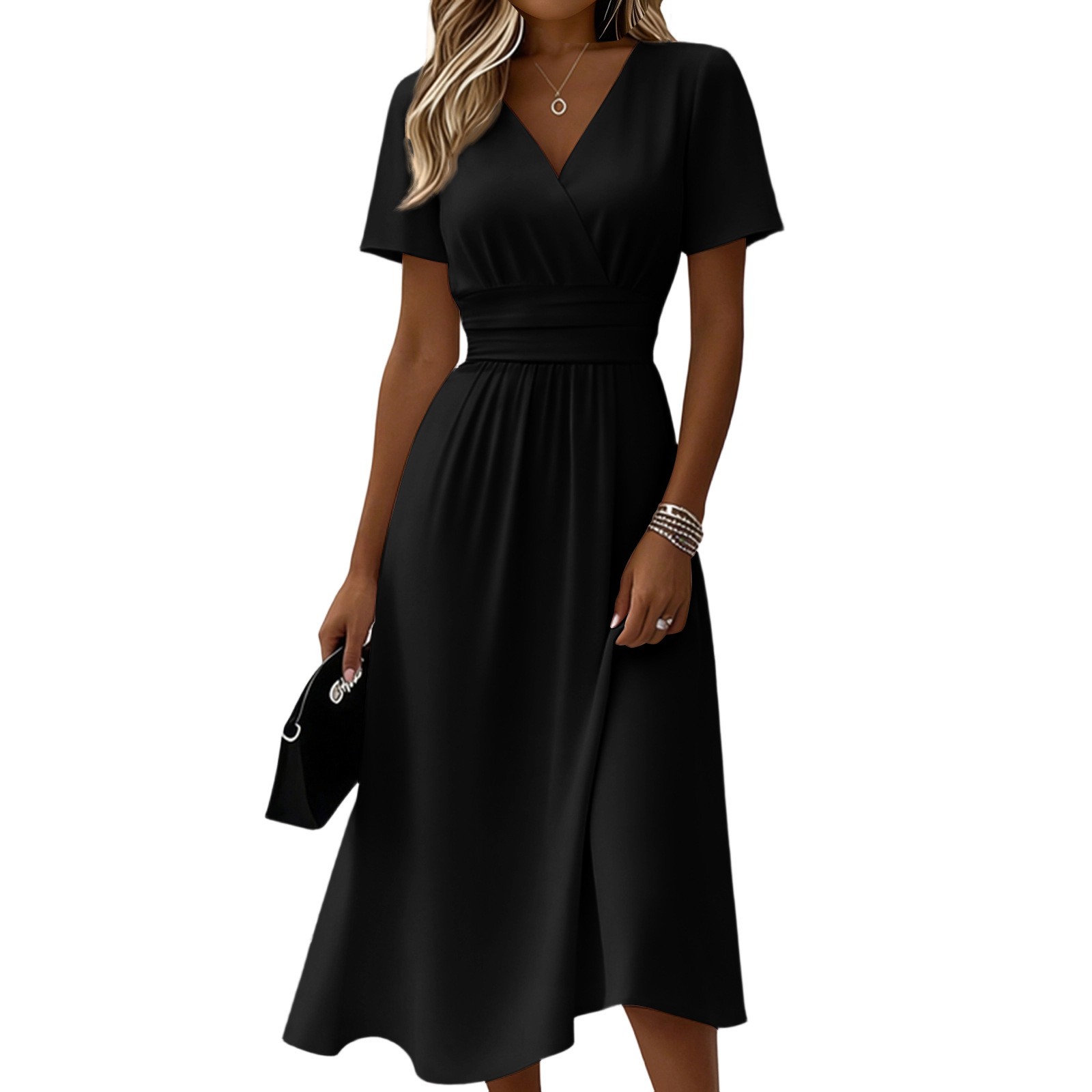 Womens Solid-Color Casual Short-Sleeve V-Neck Dress