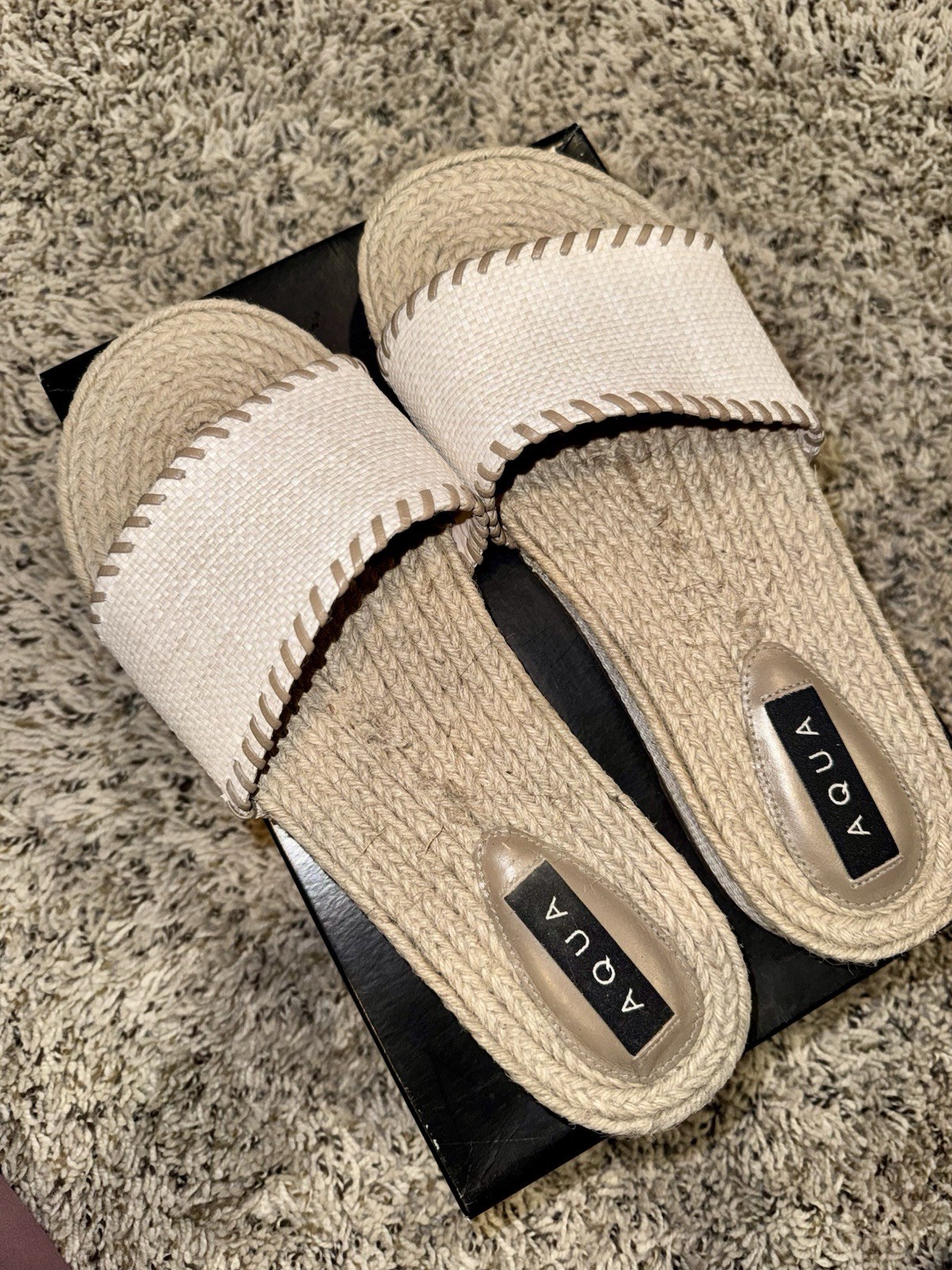 AQUA Raffia Espadrille Slide Sandals Tan/White Jute Insole Women’s 9.5B