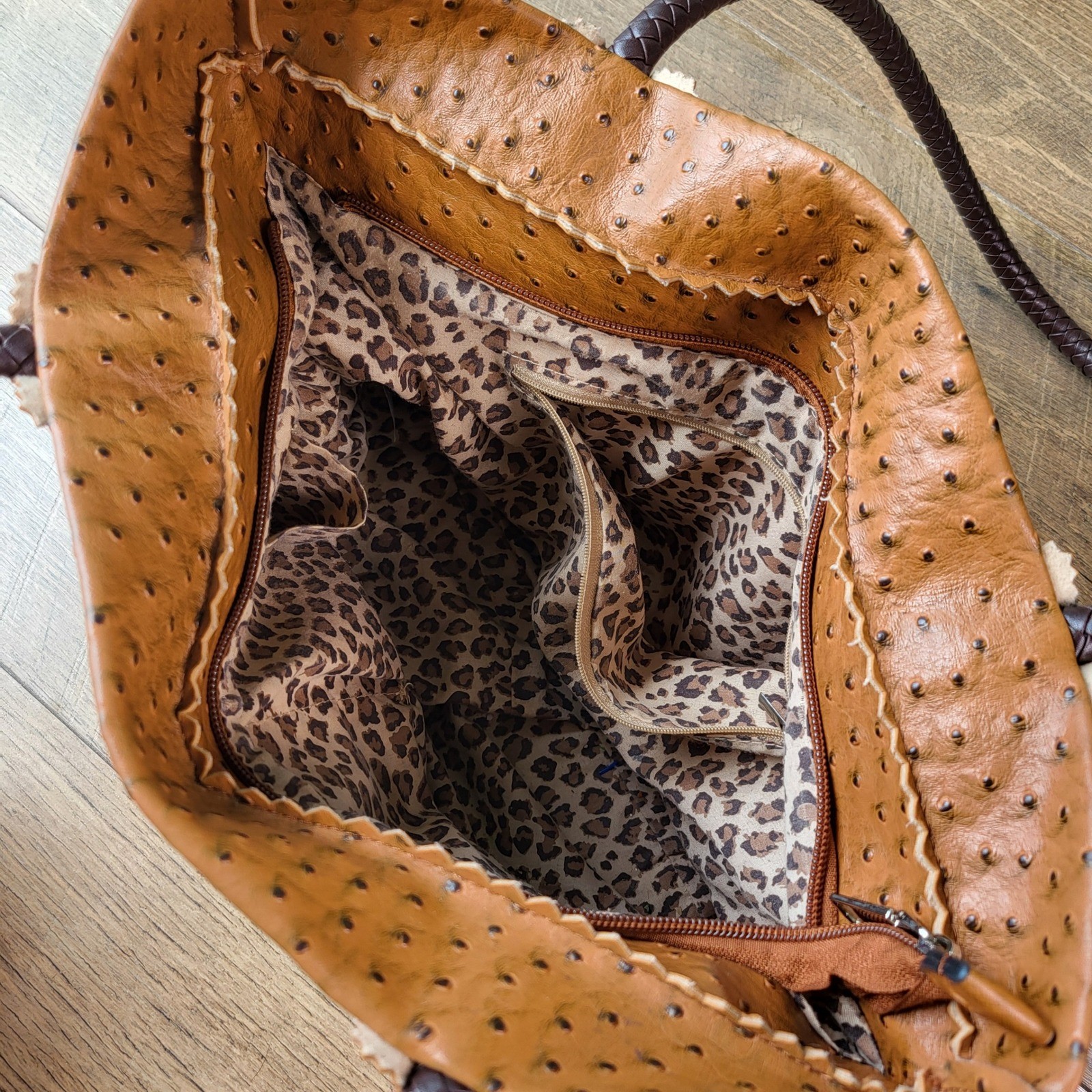 Cognac Ostrich Embossed Tote Bag Leopard Print Lining Braid Straps Brown Handbag