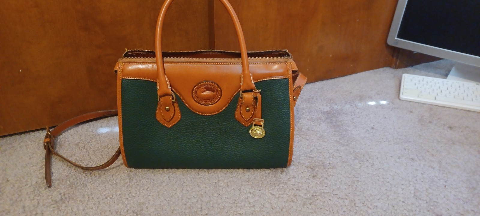 Vintage Dooney & Bourke Green Brown Satchel Top Handle Bag Gold Hardware