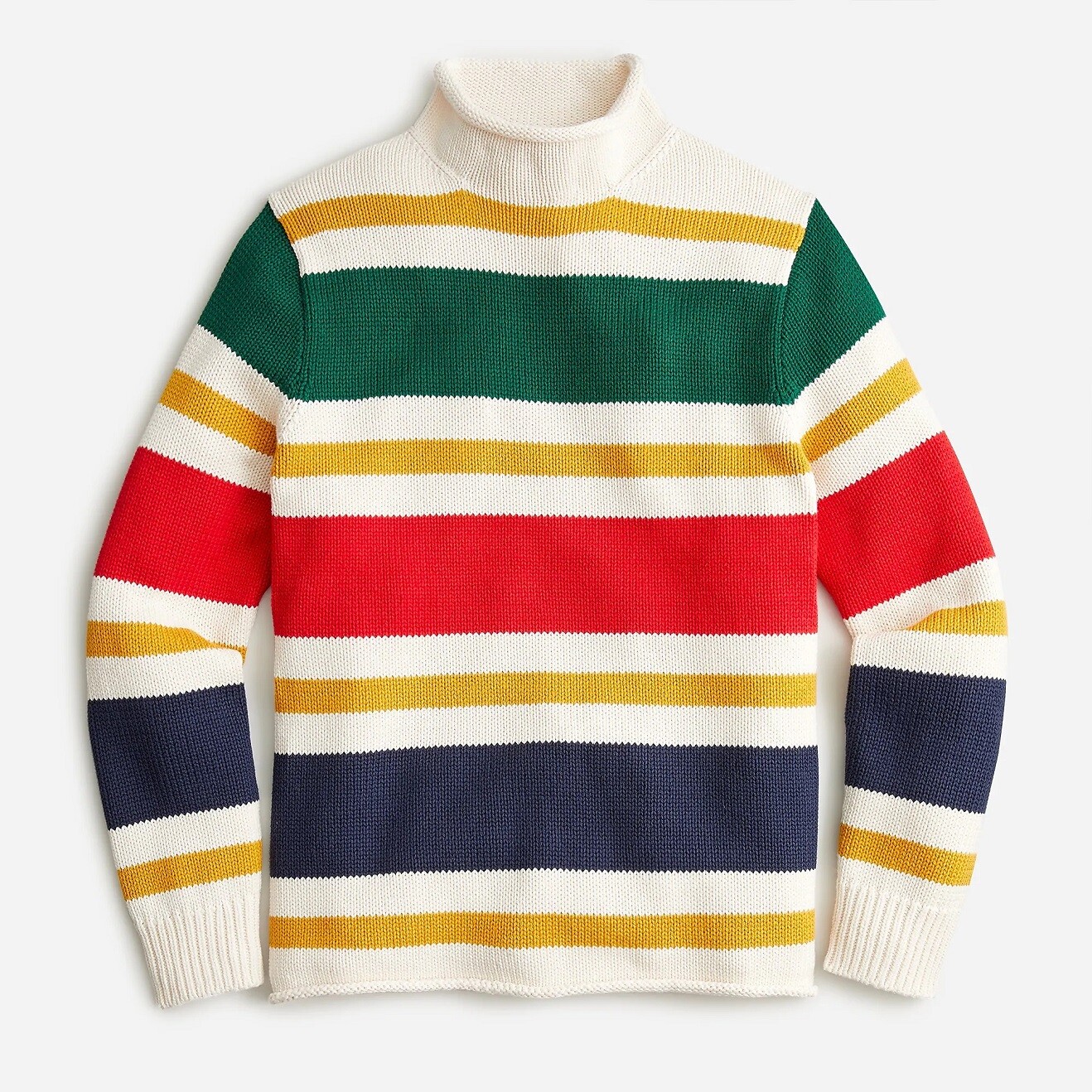 J.CREW roll neck sweater stripe white red green navy cotton chunky fisherman’s