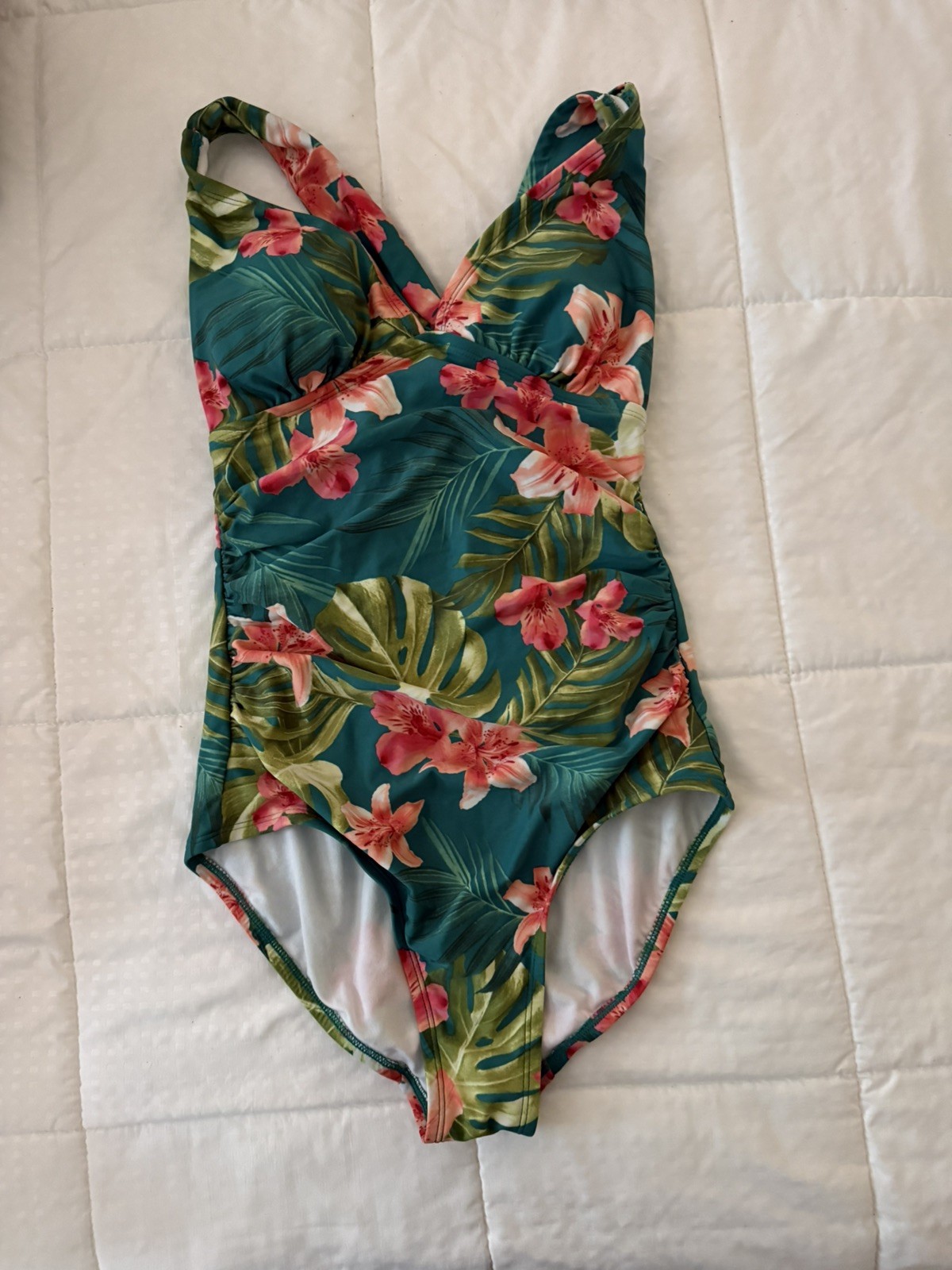 Kona Sol Tropical Bright Teal Green Coral One Piece Swim Suit Size M Padded Bra
