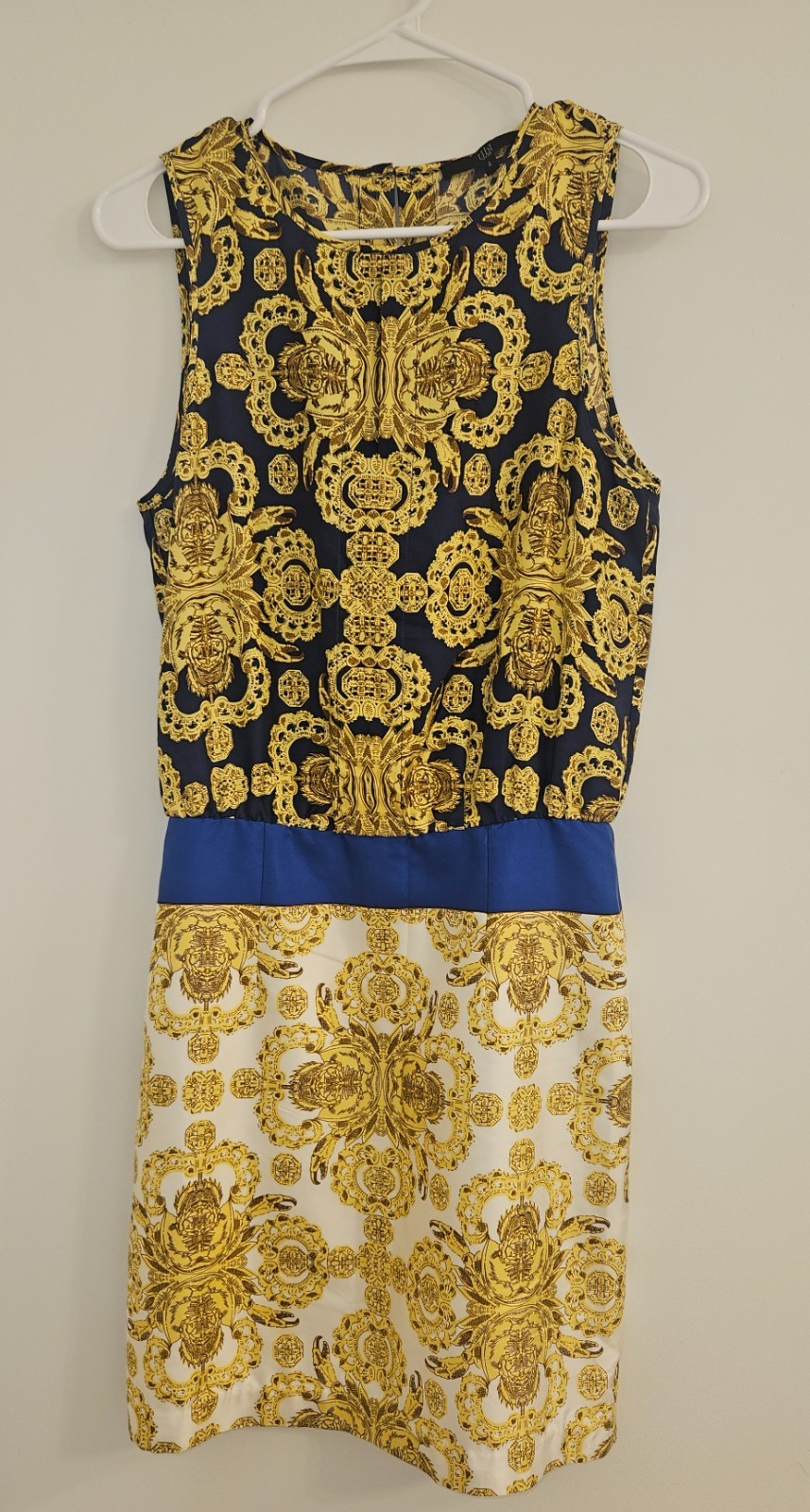 Tibi York 100% Silk Gold Navy Baroque Print Sleeveless Sheath Dress Size 4