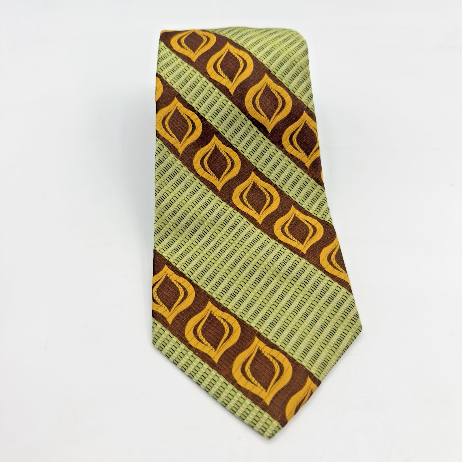 VTG Commodore Trevira Polyester Wide Tie Brown Green Gold Geometric Mod 54 x 4″