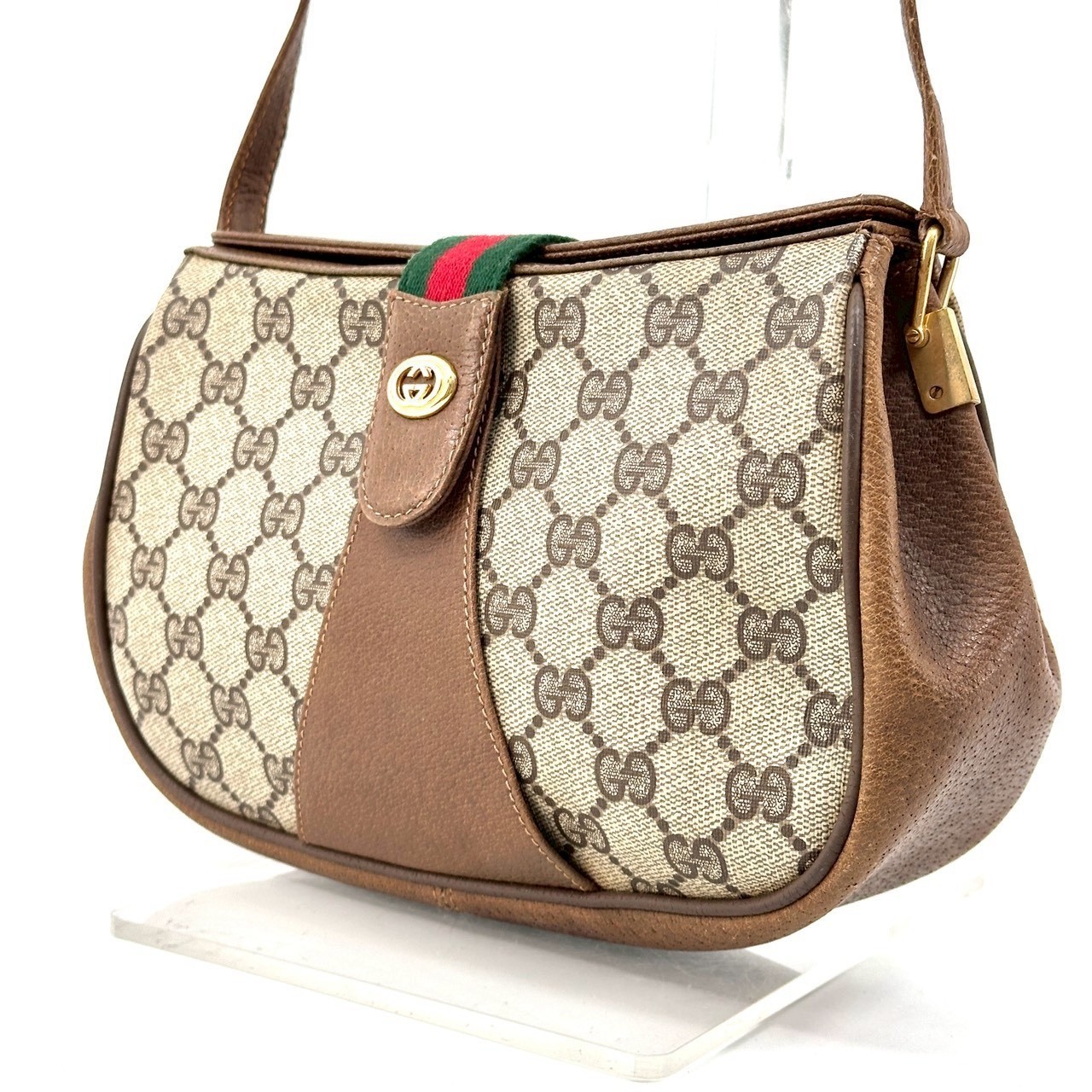 Vintage GUCCI Shoulder Bag Sherry Line PVC Leather GG Beige Authentic