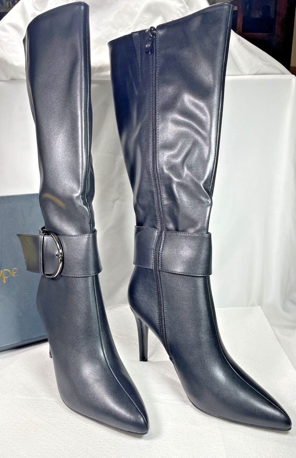 Modatope Knee High Boots Womens 9.5 Black Faux Leather Pointed Toe NEW