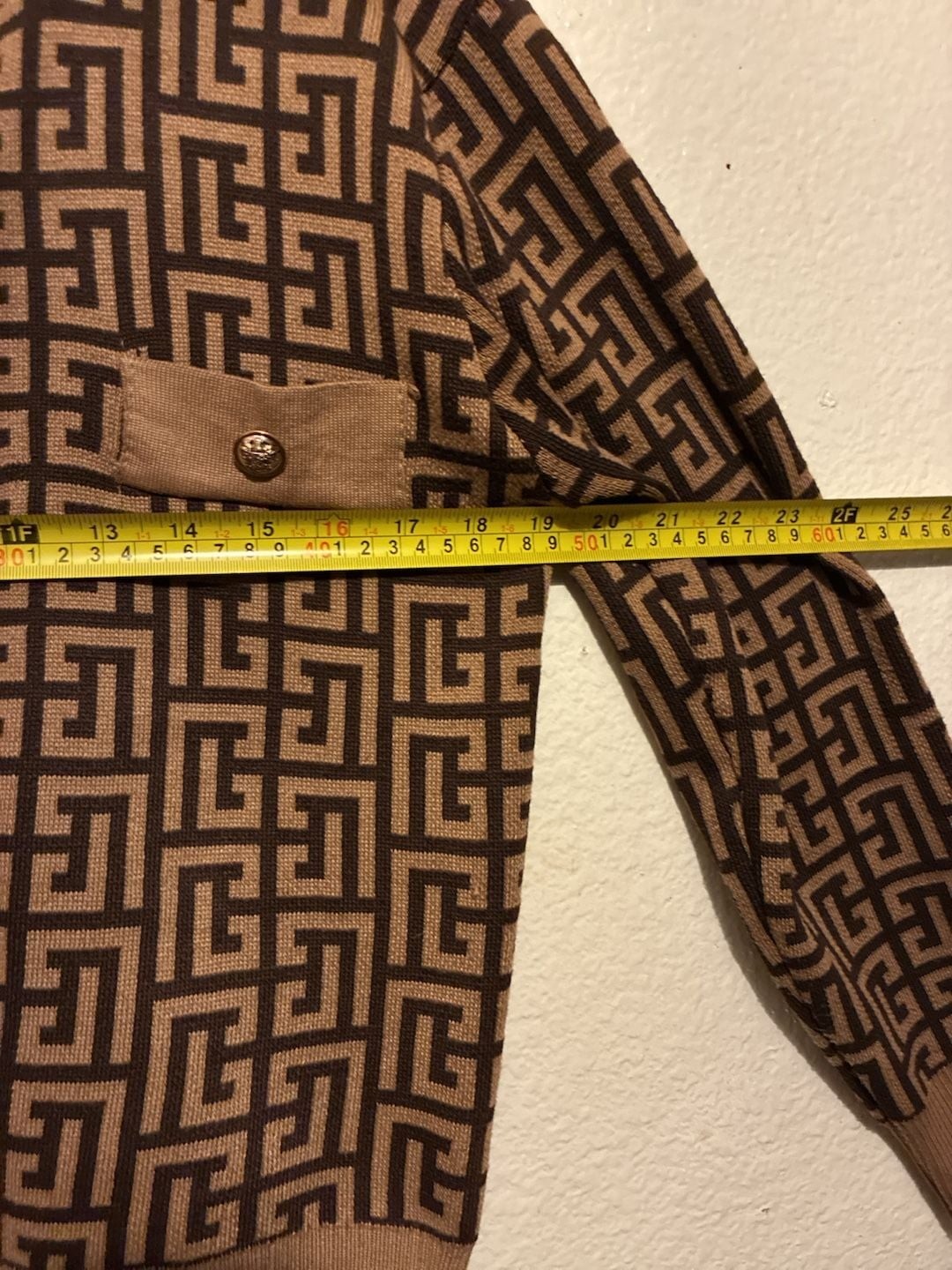 Balmain Geometric Monogram Knit Cardigan Brown Black Gold Buttons