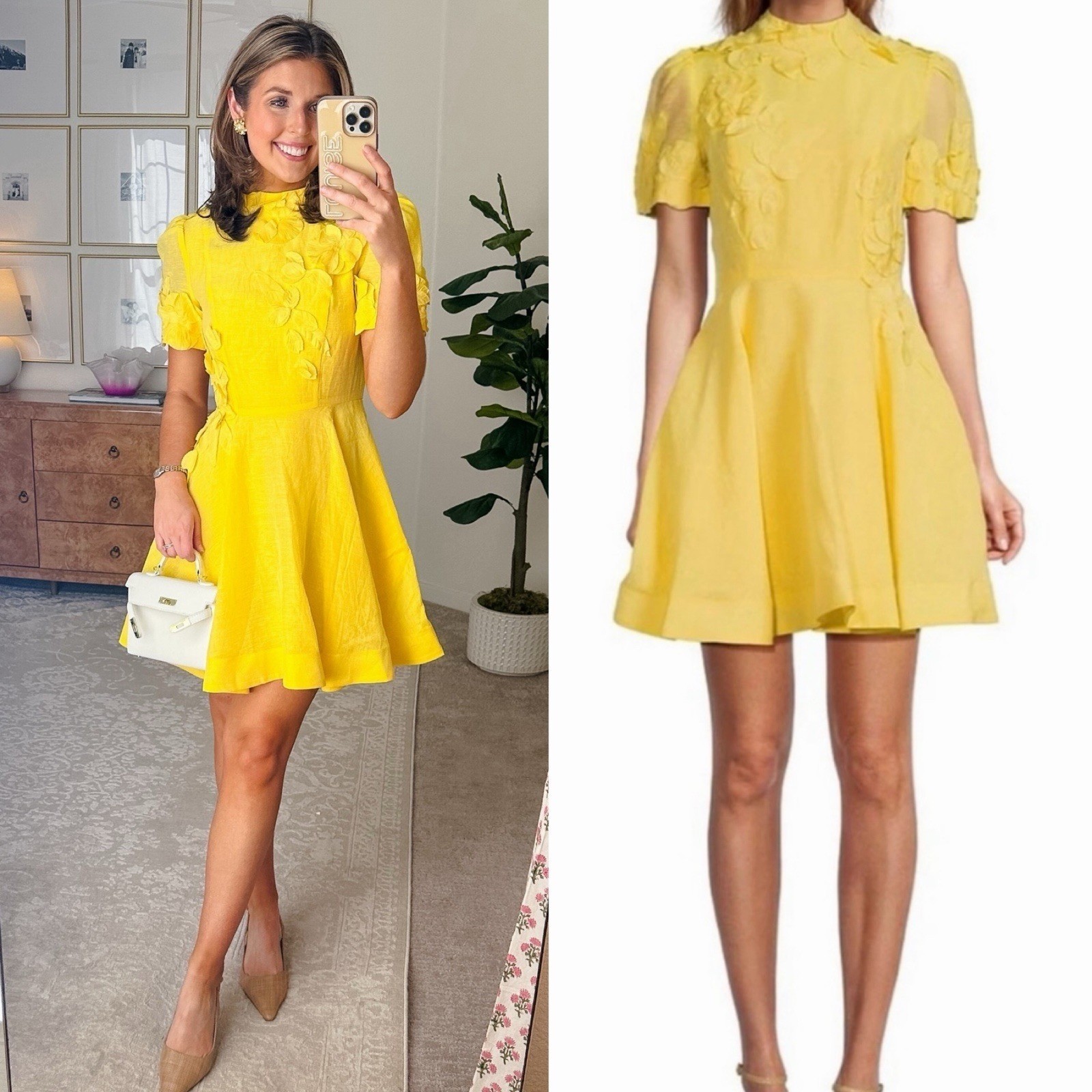 Antonio Melani Iris Linen Dress Floral Appliqué Sunshine Yellow Mockneck NWT 12