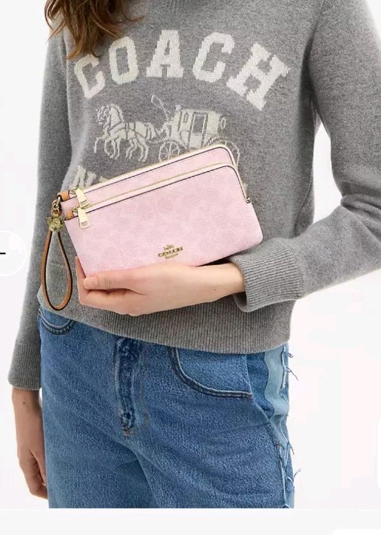 New Coach Double Zip Wristlet In Powder Pink Signature Canvas With Charms