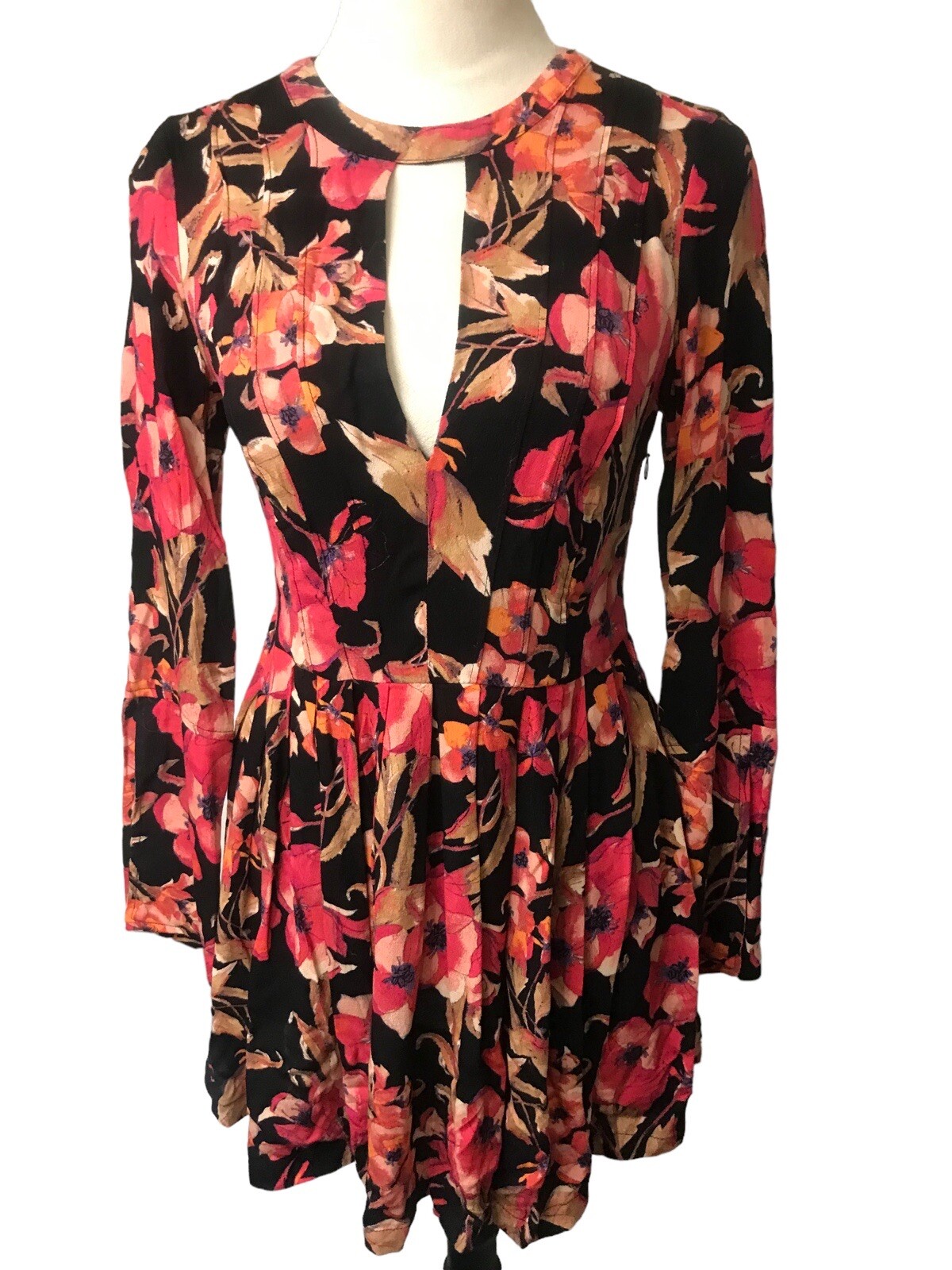 Free People Tegan Black Orange Floral Bell Long Sleeve Fit Flare Mini Dress Sz 0