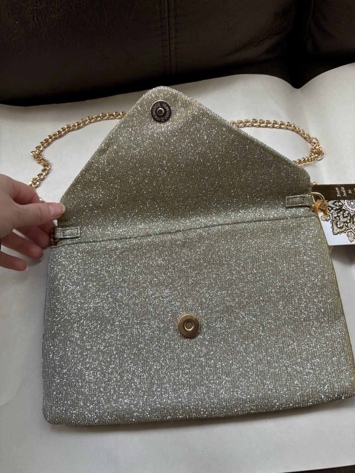 Silver Glitter Envelope Clutch Purse Small Detachable Gold Chain Crossbody Strap