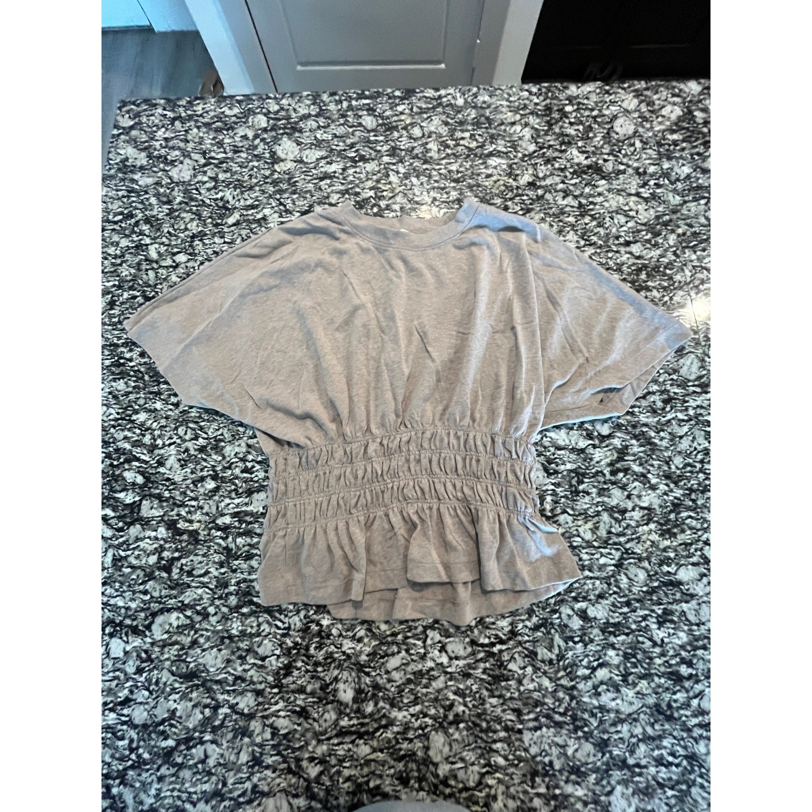 HM Womens Smocked Waist Peplum Top Taupe Heather Dolman Sleeve Blouse Large