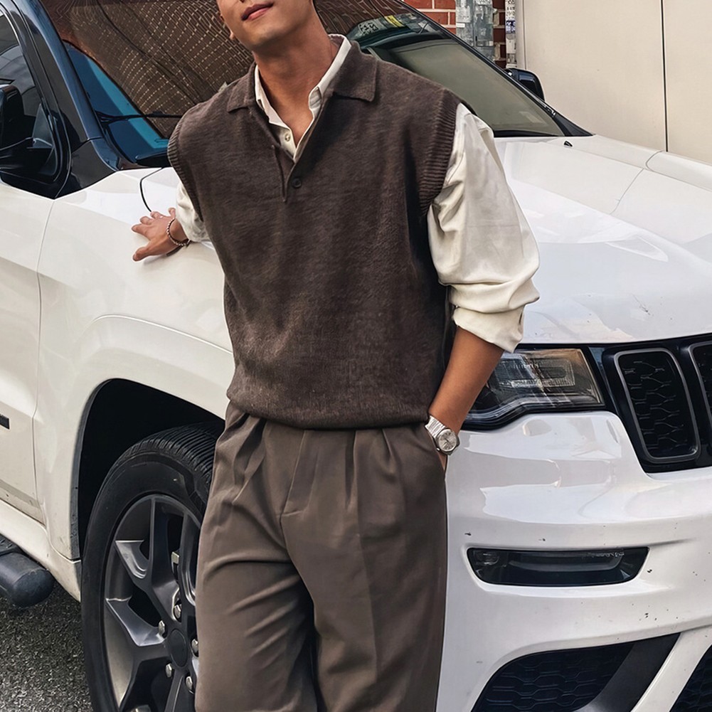 Men Sleeveless Sweater Vest Knitted Pullover with Lapel for Casual