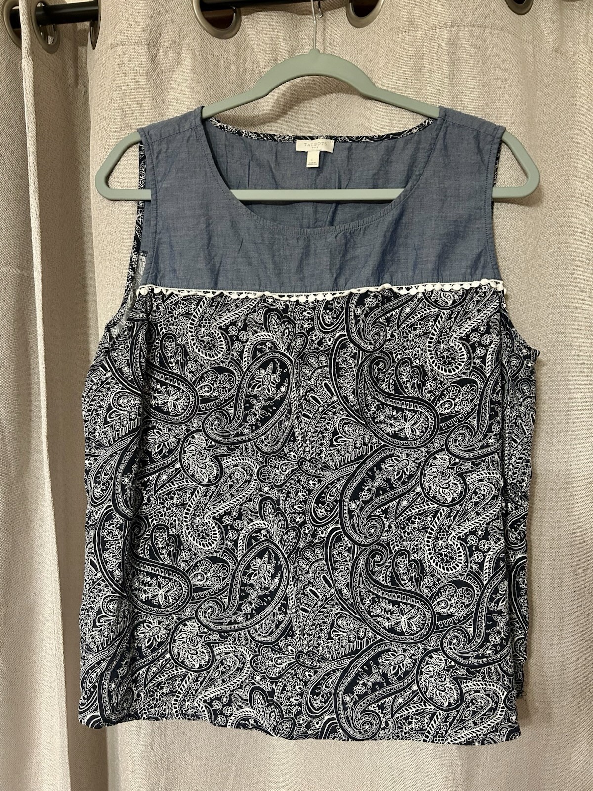 Talbots Women’s L Scoop Neck Sleeveless Paisley Tank Top Blue Black White
