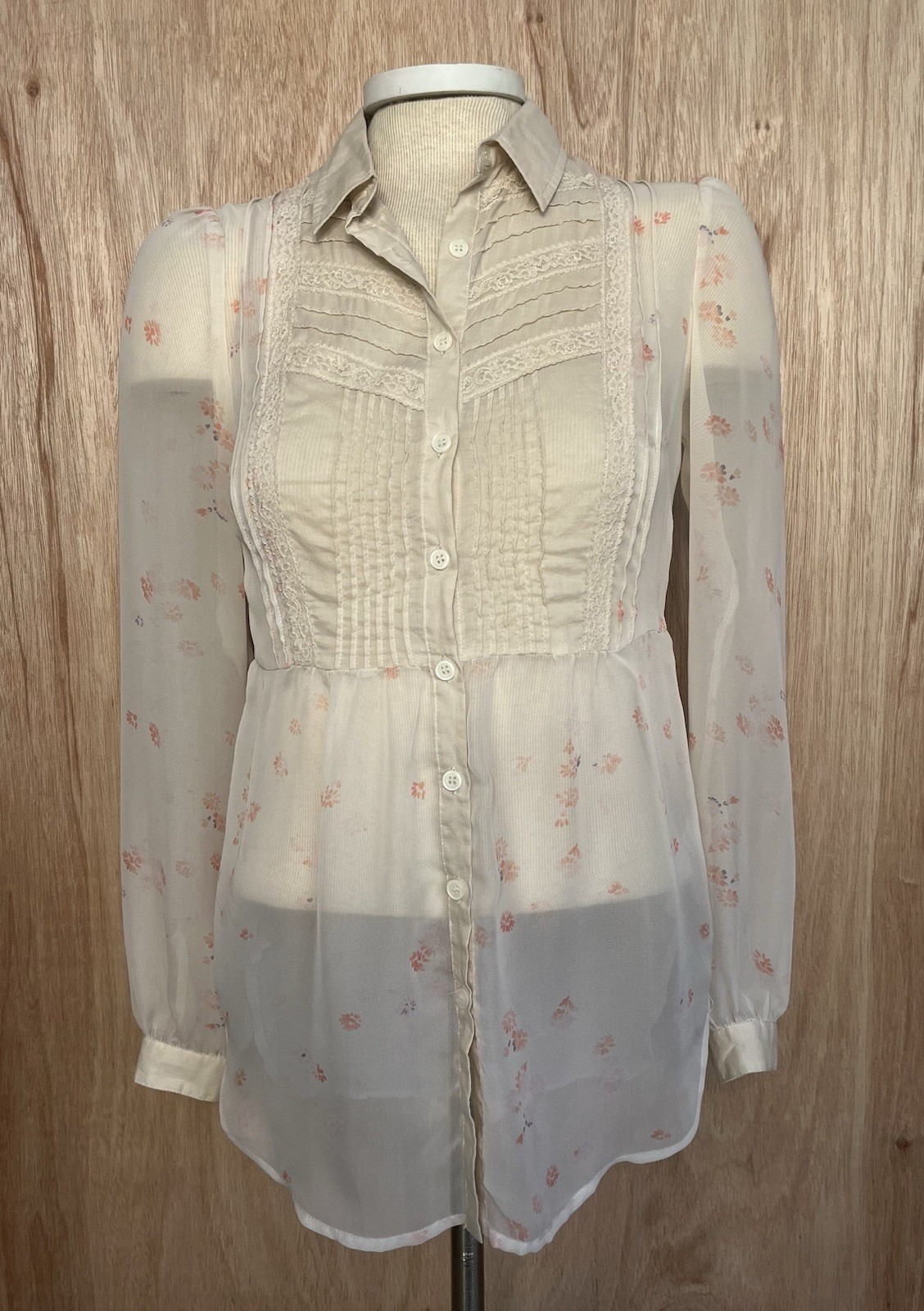 Free People Ivory Sheer Chiffon Floral Lace Button-Up Collared Blouse Size 2 Y2K