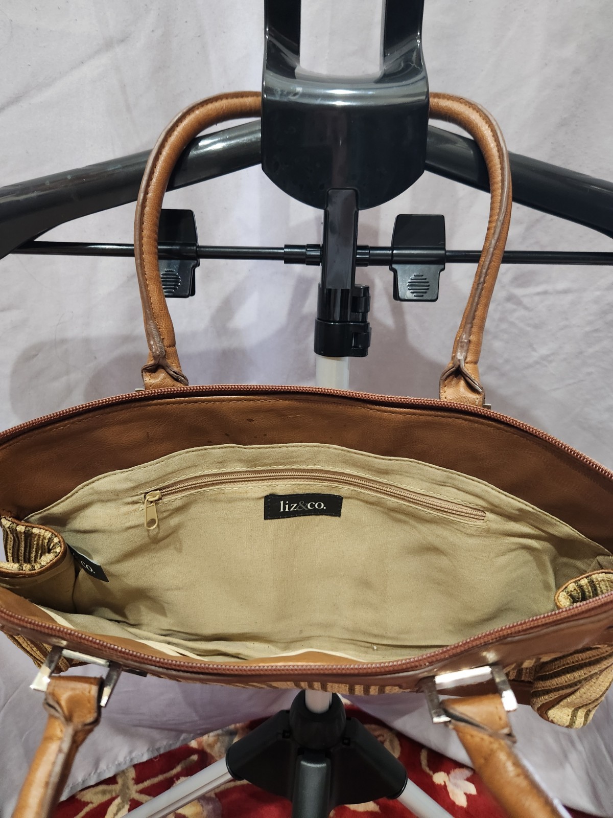 Liz & Co., Brown-Beige Stripe Top Handles Handbag 15in x 8.5in x 3in