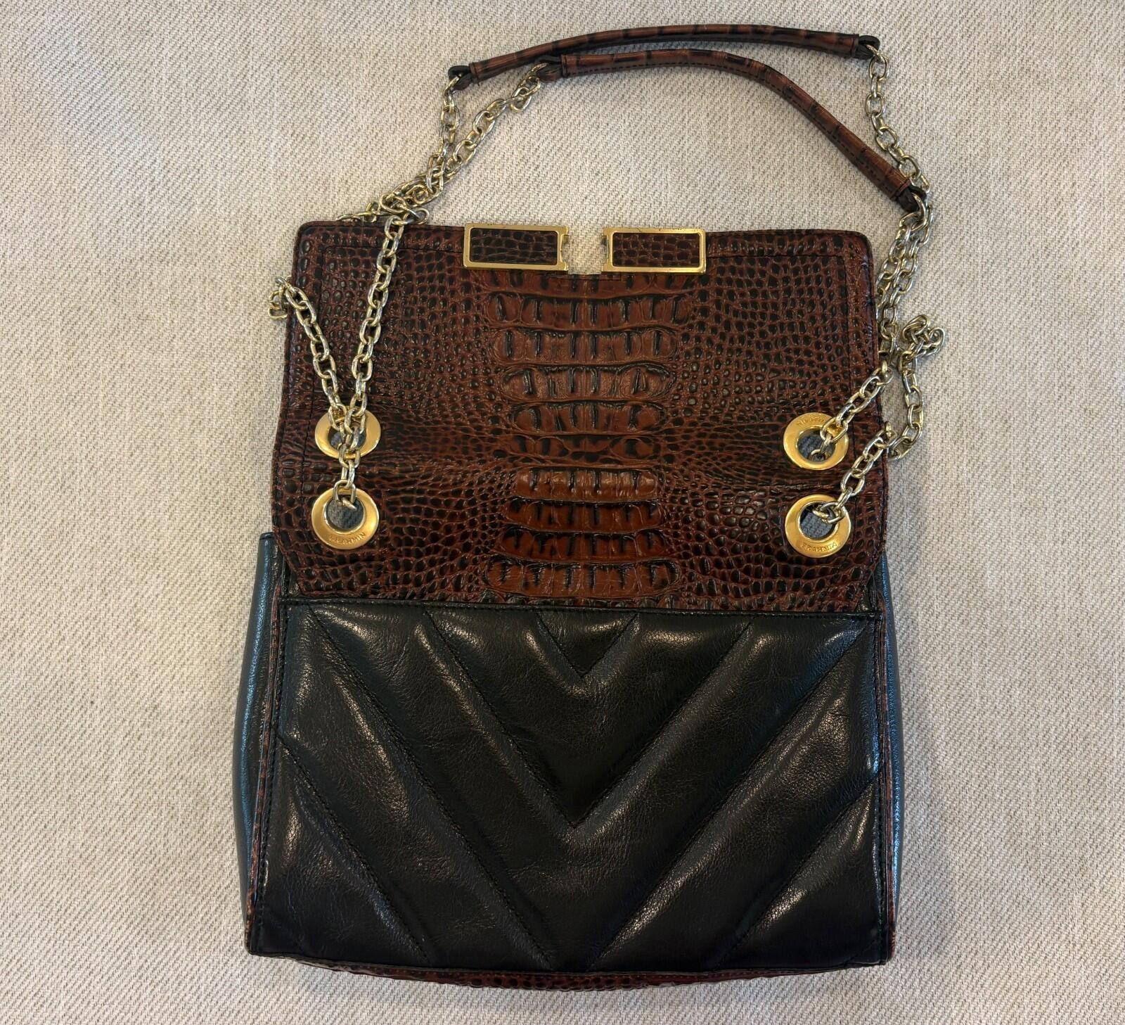 Brahmin Harrison Mixed-Media Shoulder Bag – Pecan Melbourne Croc-Embossed Leathe