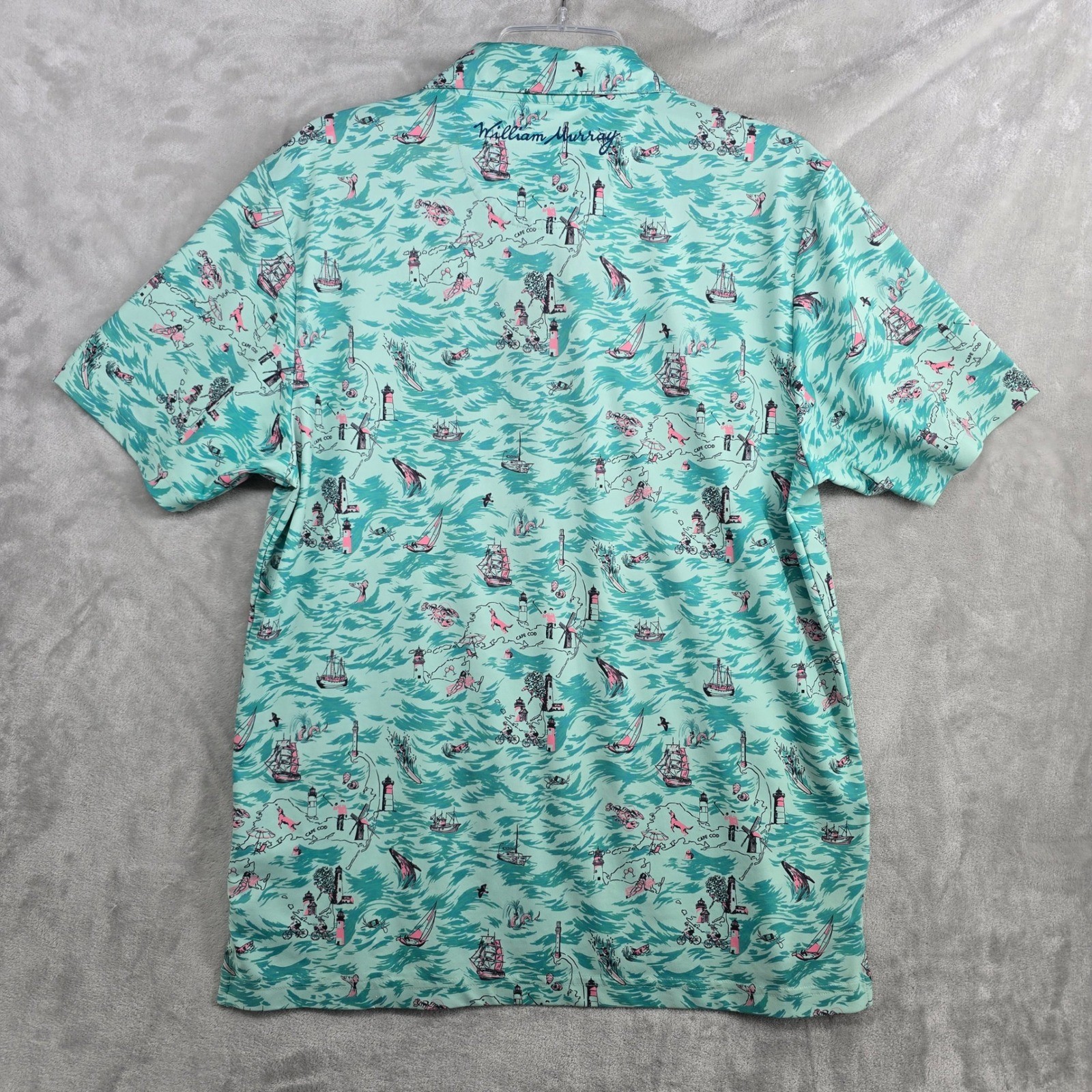 William Murray Large Cape Cod Mens Aqua Nautical Map Print Golf Polo Shirt EUC