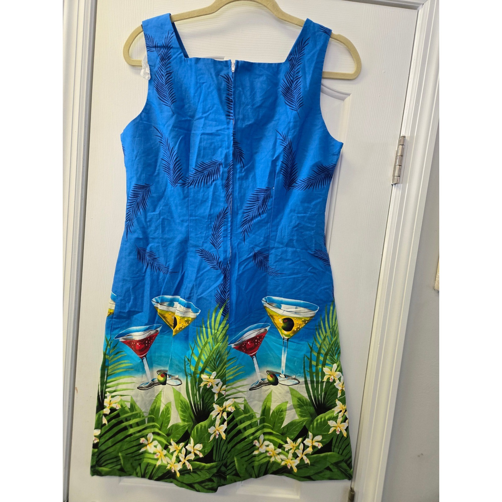 Blue Tropical Martini Print Cotton Dress Made in Hawaii Medium Vacation Resort